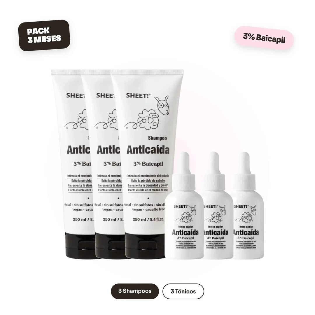 Kit anticaída 3 meses de tratamiento. Efectos visibles en 3 meses. Con 3% Baicapil. Detiene la caída y estimula crecimiento de cabello nuevo
