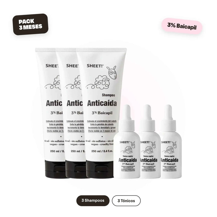 Kit anticaída 3 meses de tratamiento. Efectos visibles en 3 meses. Con 3% Baicapil. Detiene la caída y estimula crecimiento de cabello nuevo